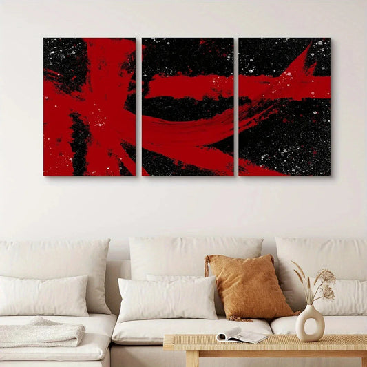 3pcs Geometric Curved Red Lines Abstract Shapes Metal Print Ready to Hang Art