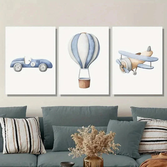 3pcs   Cartoon vehicles, cars, hot air balloons  Wall Art Set Canvas Framed 40x60cm - High Quality Print 100% Australian Made Wall Canvas Ready to Hang