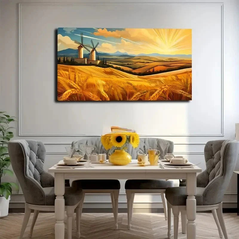 Dutch Windmill & Golden Wall Art Canvas Office Home Room Framed 80x45cm