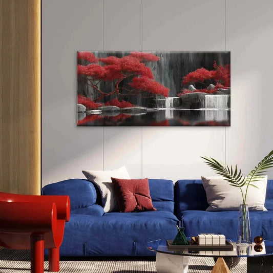 Waterfall & Red Trees Landscape Wall Art Canvas Office Home Room Framed 80x45cm