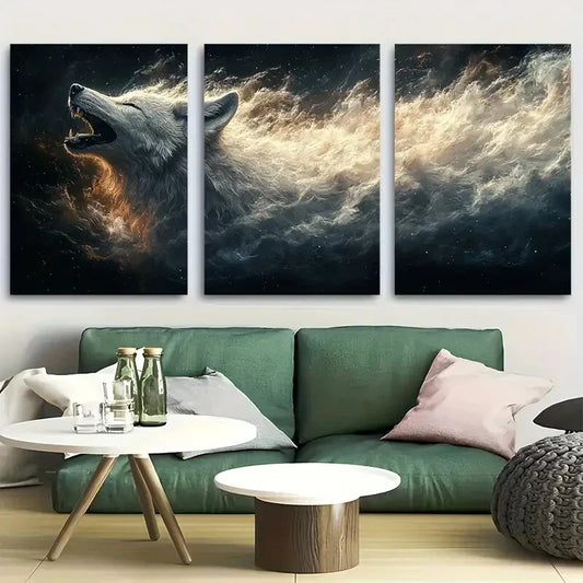 3pcs Silvery Wolf Howling Magic Metal Print Ready to Hang Art