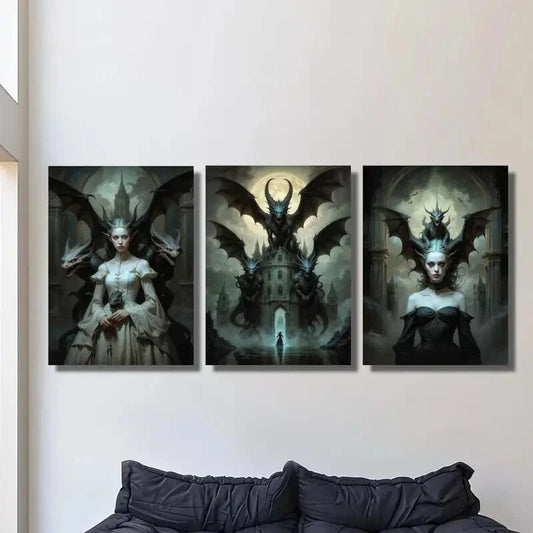 3pcs Haunted dragon castle illustration  Metal Print Ready to Hang Art