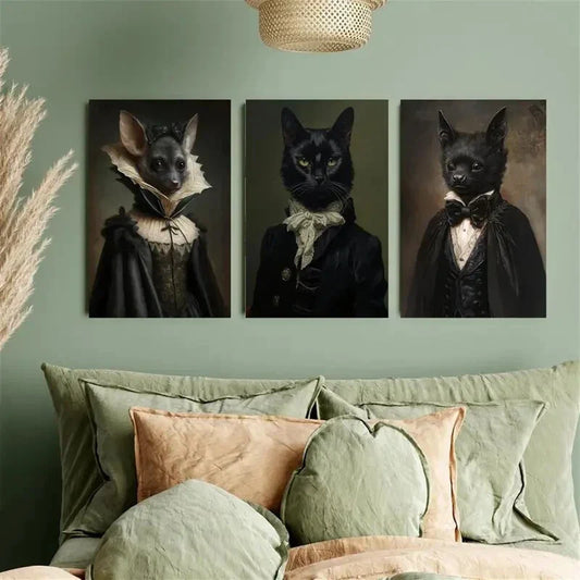3pcs Gothic Cat in Suit Metal Print Ready to Hang Art