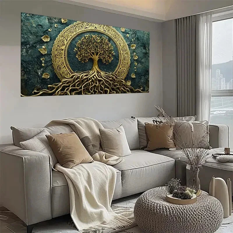 Olden Mandala Tree Golden Wall Art wall canvas office home room framed 120x60cm