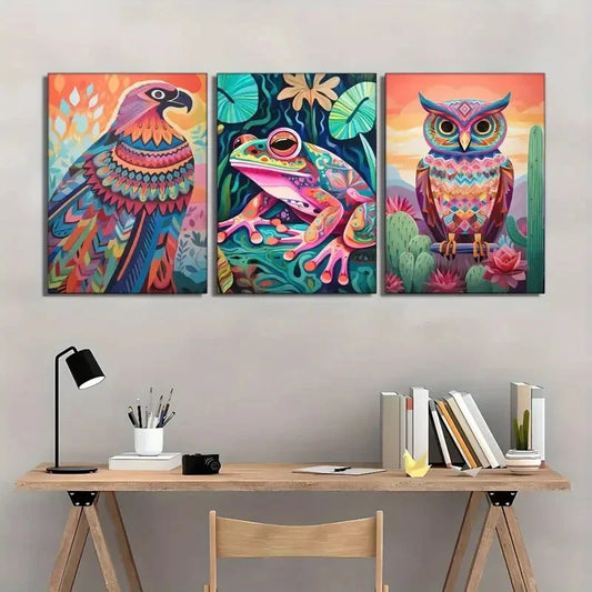 3pcs Abstract Owl Parrot Frog Wildlife Designs Metal Print Ready to Hang Art