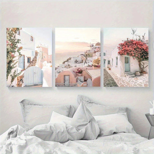 3pcs Pink Flowers Mediterranean Metal Print Ready to Hang Art