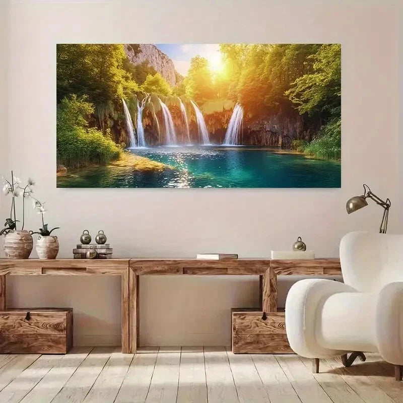 Waterfall & sunlit forest wall canvas office home room framed 120x60cm