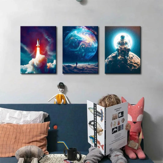 3pcs Funny Space Abstract Modern Rocket Metal Print Ready to Hang Art