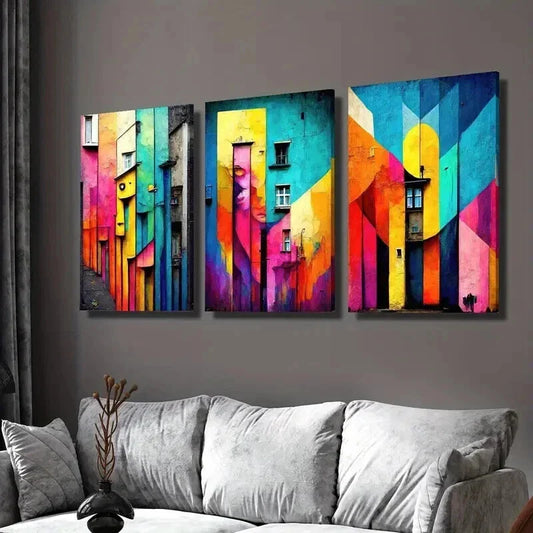 3pcs Vibrant Colorful House Architecture Wall Art Set Canvas Framed 40x60cm - High Quality Print 100% Australian Made Wall Canvas Ready to Hang