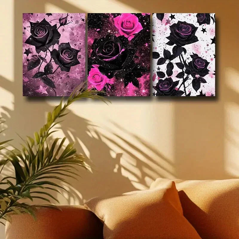 3pcs Black and Pink Roses Design Metal Print Ready to Hang Art