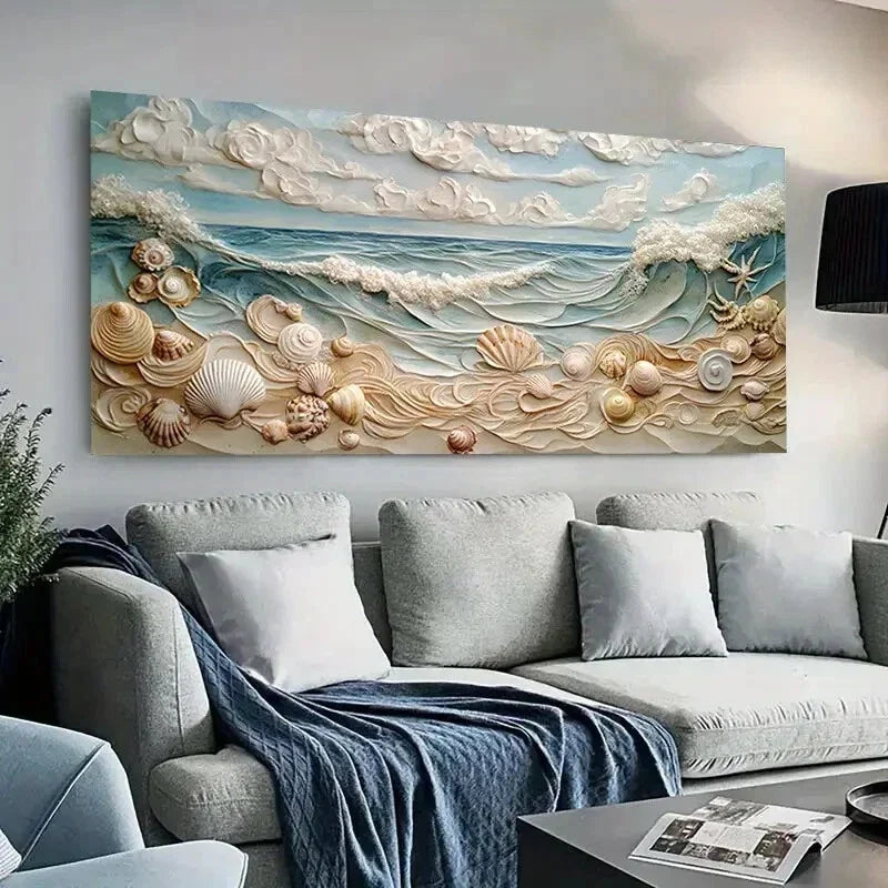 Ocean Waves with Seashells wall canvas office home room framed 120x60cm