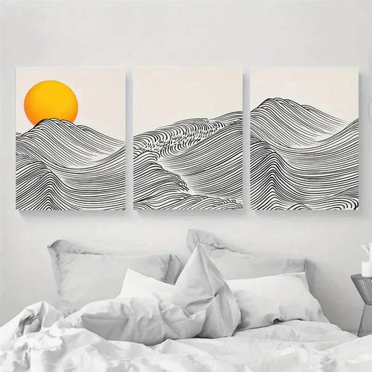 3pcs Japanese Wave Boho Sun Black and Beige Design Metal Print Ready to Hang Art