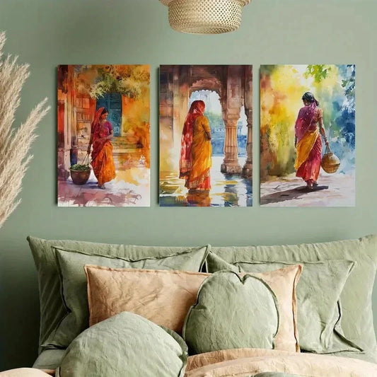 3pcs Vibrant Indian Watercolor Metal Print Ready to Hang Art