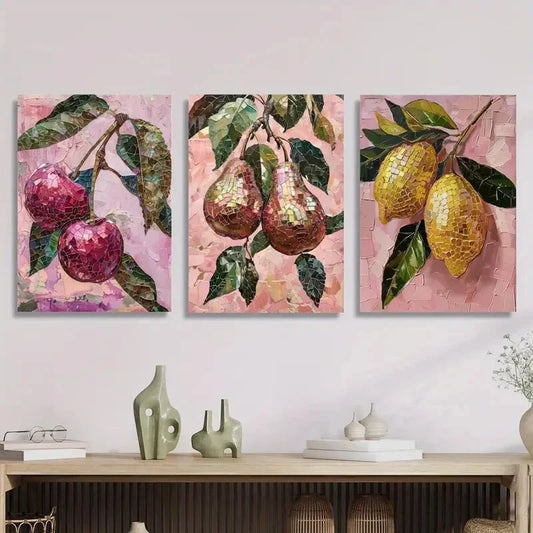 3pcs Fruit Oil Painting, Disco Fruit Mosaic Metal Print Ready to Hang Art