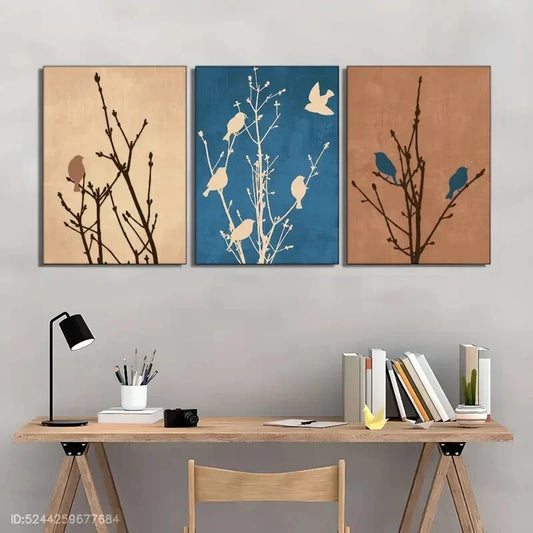 3pcs Bird & Plant Silhouettes Minimalist Metal Print Ready to Hang Art