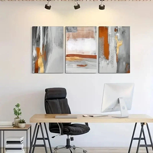 3pcs Modern Grey, Golden & Orange Metal Print Ready to Hang Art