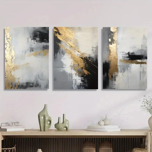 3pcs Golden Black Abstract Modern Textured Metal Print Ready to Hang Art