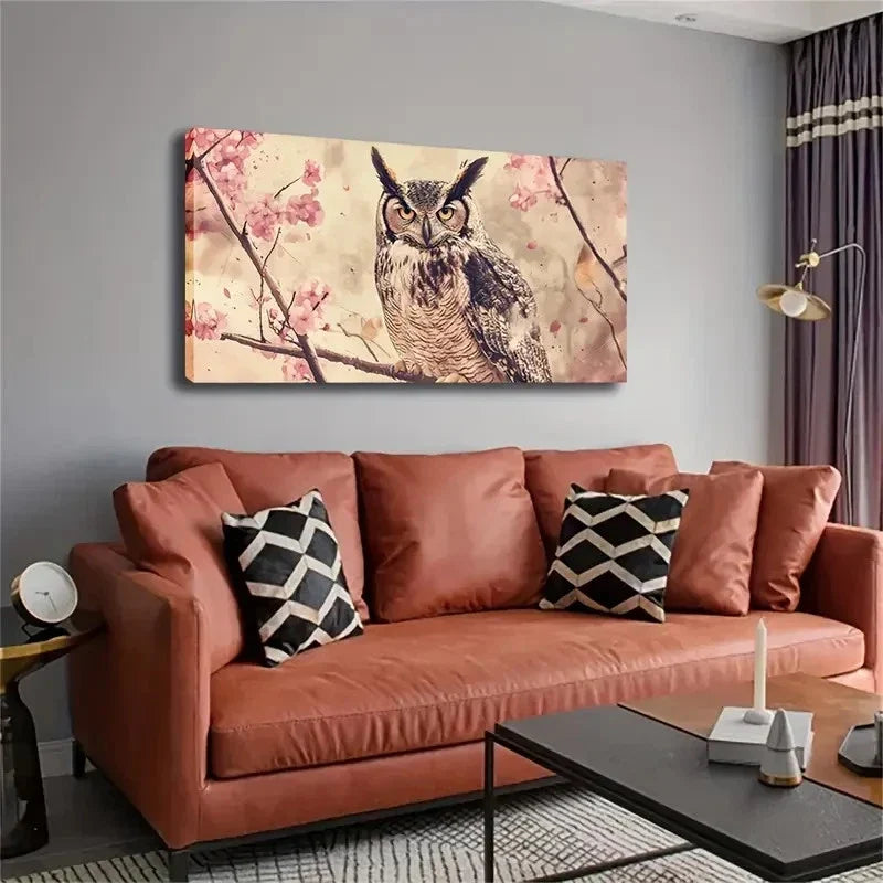 Owl On Branch Cherry Blossom Wall Art Canvas Office Home Room Framed 120x60cm