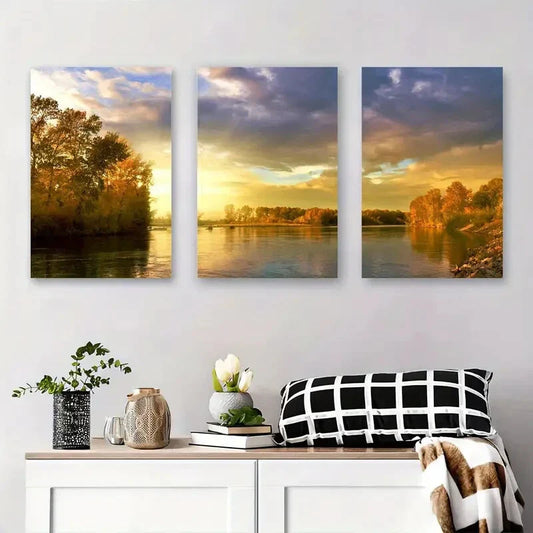 3pcs Autumn Sunset Reflection Scenic Nature Metal Print Ready to Hang Art