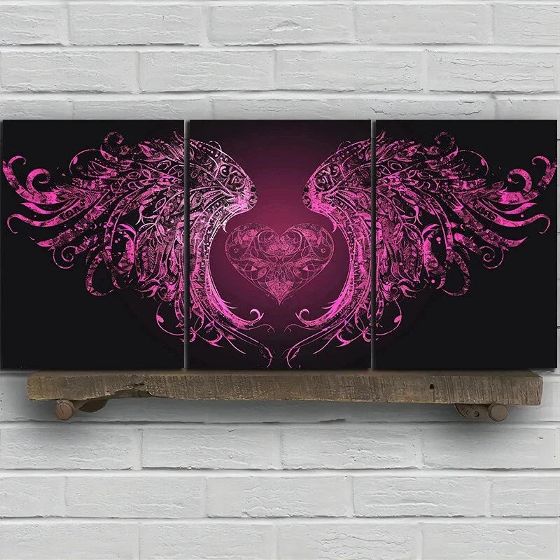 3pcs Heart-Shaped Wings Stunning Rose Metal Print Ready to Hang Art
