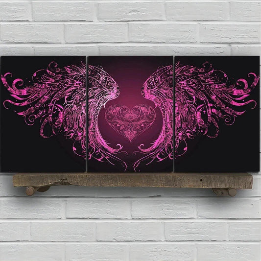 3pcs Heart-Shaped Wings Stunning Rose Metal Print Ready to Hang Art