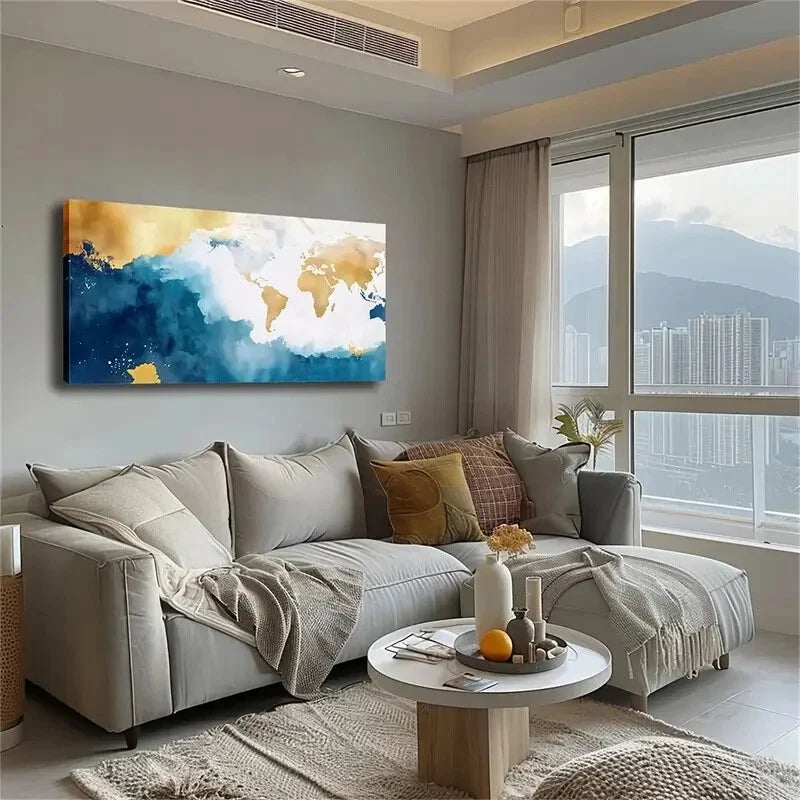 World Map Design Golden Accent Wall Art Canvas Office Home Room Framed 120x60cm