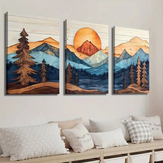 3pcs Wood Style Mountains Landscape Wall Art Set Canvas Framed 40x60cm - High Quality Print 100% Australian Made Wall Canvas Ready to Hang