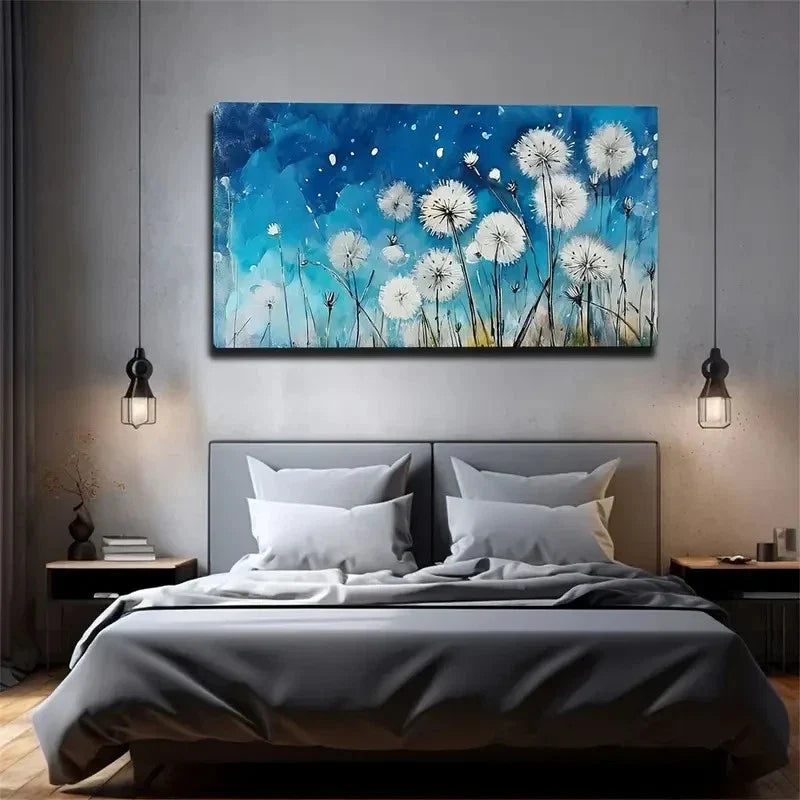White Dandelion Design Wall Art Canvas Office Home Room Framed 120x60cm