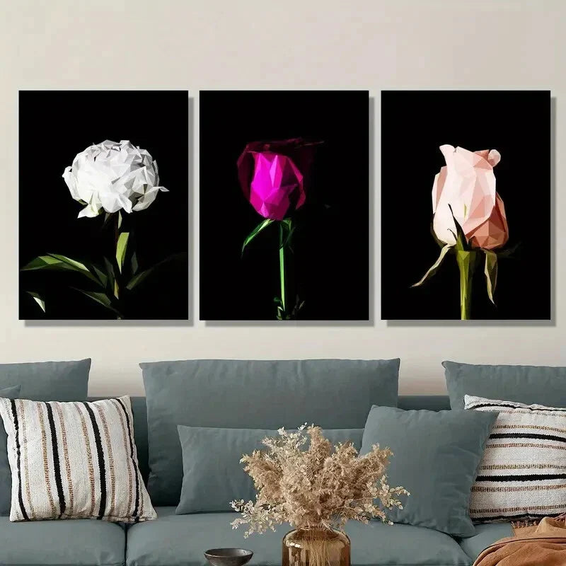 3pcs Flowers poster on black background Metal Print Ready to Hang Art