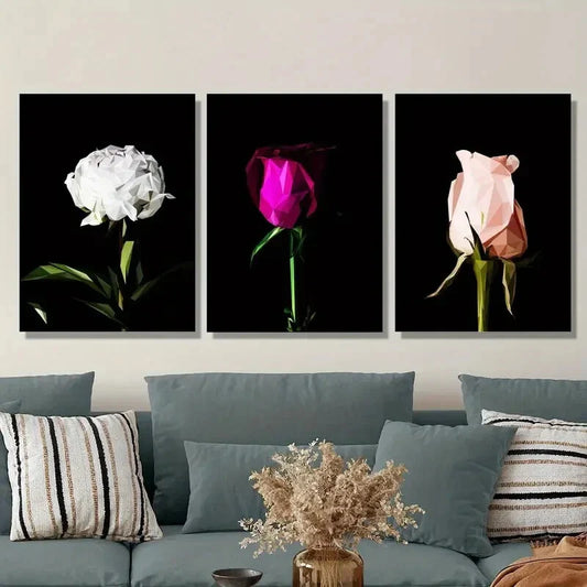 3pcs Flowers poster on black background Metal Print Ready to Hang Art