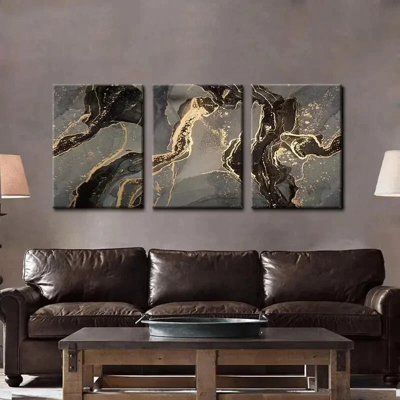 3pcs  Abstract Black and Gold  Metal Print Ready to Hang Art