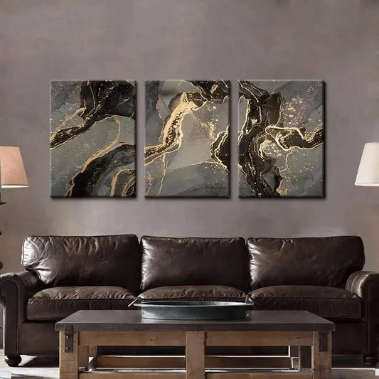 3pcs  Abstract Black and Gold  Metal Print Ready to Hang Art