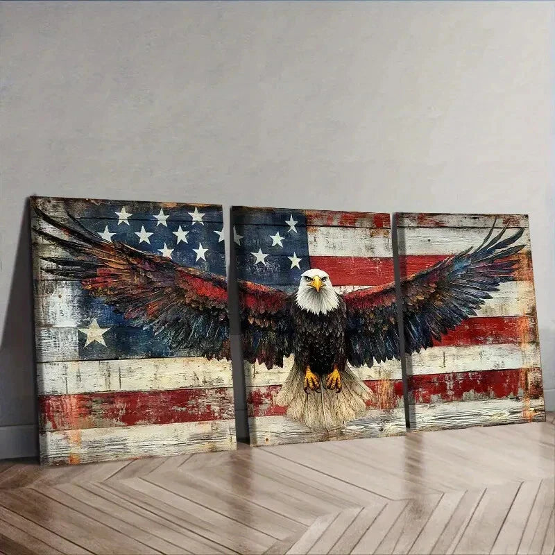 3pcs The eagle in front of the American flag Wall Art Set Canvas Framed 40x60cm - High Quality Print 100% Australian Made Wall Canvas Ready to Hang