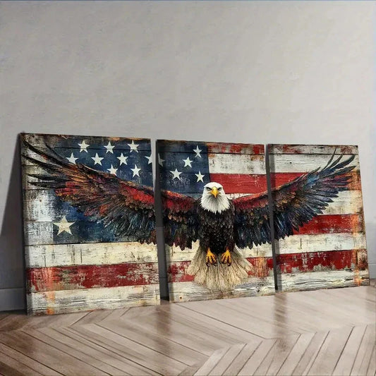 3pcs The eagle in front of the American flag Wall Art Set Canvas Framed 40x60cm - High Quality Print 100% Australian Made Wall Canvas Ready to Hang