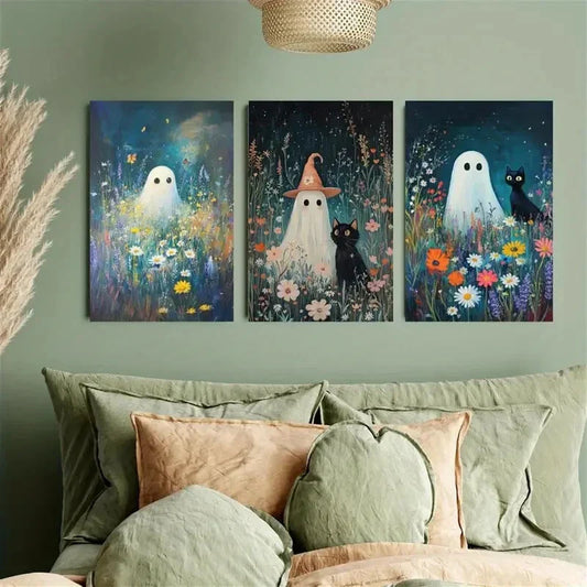 3pcs The Ghost and the Black Cat Metal Print Ready to Hang Art