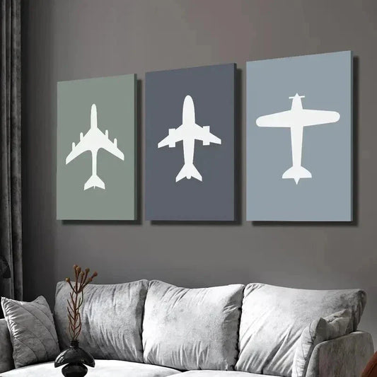 3pcs Airplane Color Filled Aviation Decor Wall Art Set Canvas Framed 40x60cm - High Quality Print 100% Australian Made Wall Canvas Ready to Hang