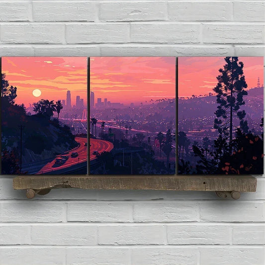 3pcs Sunset Cityscape Highway and Skyline Metal Print Ready to Hang Art