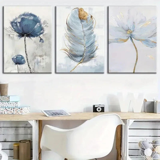 3pcs Modern Floral & Feather Metal Print Ready to Hang Art