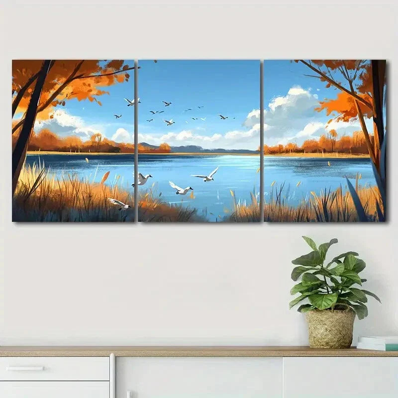 3pcs Peaceful Autumn Scenery Blue Sky Perfect Wall Art Set Canvas Framed 40x60cm - High Quality Print 100% Australian Made Wall Canvas Ready to Hang