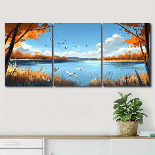 3pcs Peaceful Autumn Scenery Blue Sky Perfect Wall Art Set Canvas Framed 40x60cm - High Quality Print 100% Australian Made Wall Canvas Ready to Hang