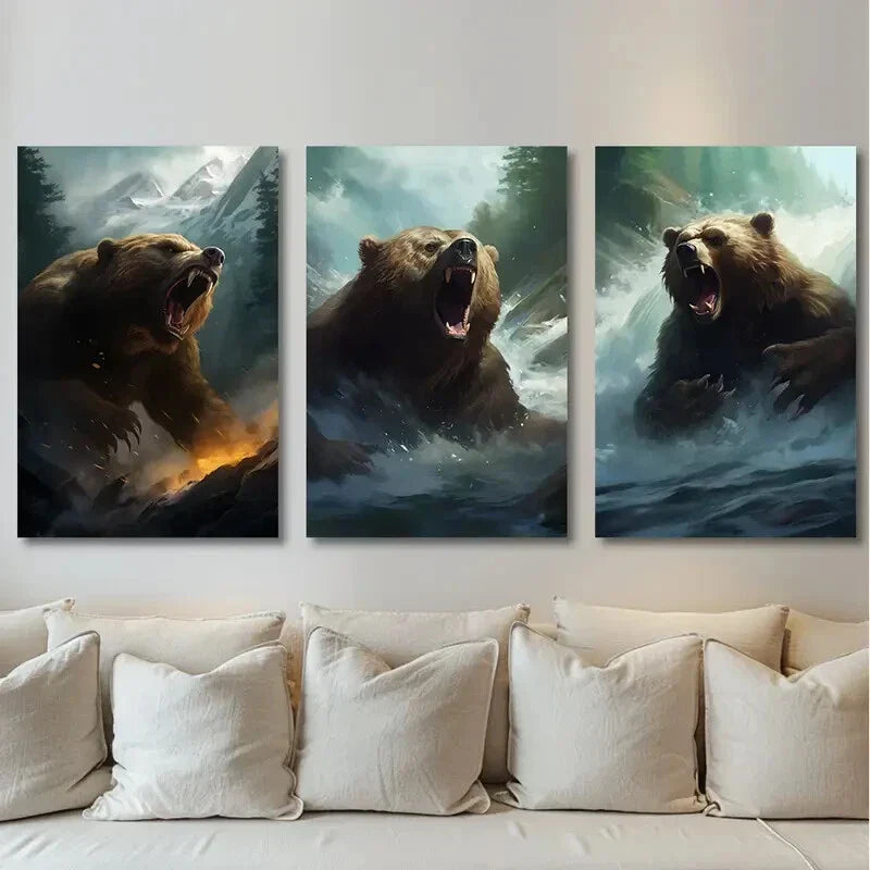 3pcs Bear Snowy Mountain Trees Metal Print Ready to Hang Art