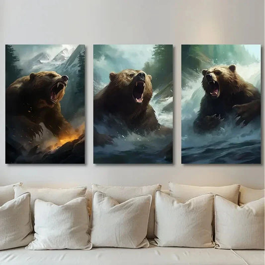 3pcs Bear Snowy Mountain Trees Metal Print Ready to Hang Art