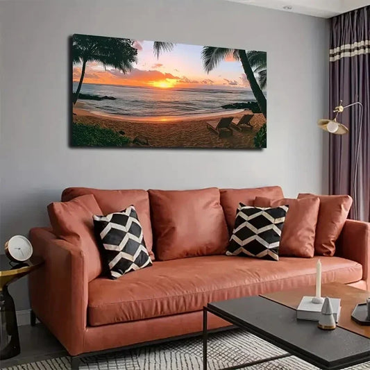 Vibrant Palm Trees & Ocean View Wall Art Canvas Office Home Room Framed 80x45cm