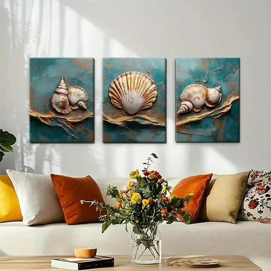 3pcs Coastal Seashell Tranquil Teal Perfect Wall Art Set Canvas Framed 40x60cm - High Quality Print 100% Australian Made Wall Canvas Ready to Hang