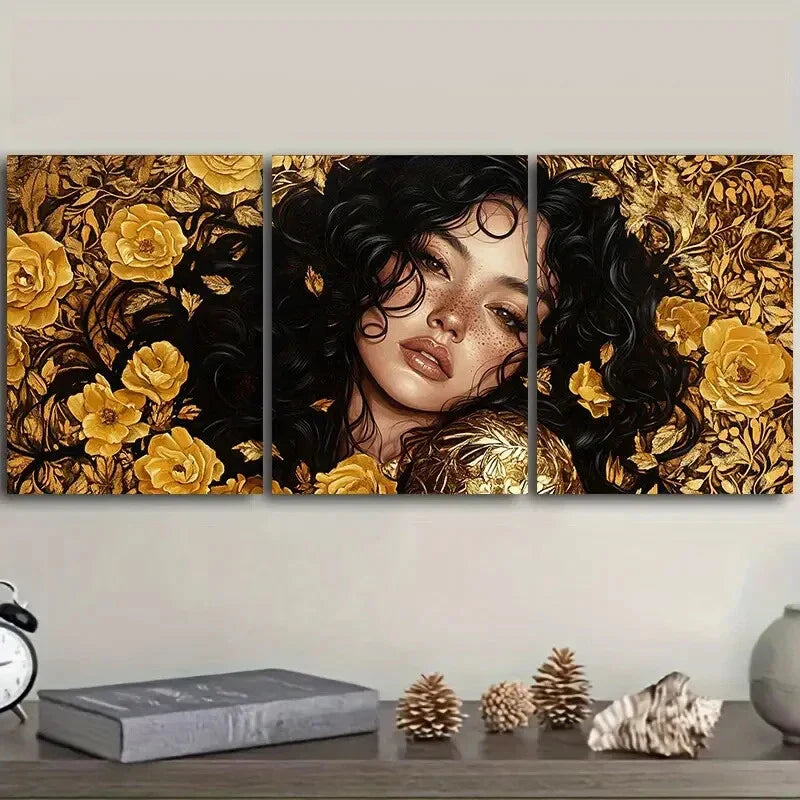 3pcs Intricate gold lace girl Wall Art Set Canvas Framed 40x60cm - High Quality Print 100% Australian Made Wall Canvas Ready to Hang