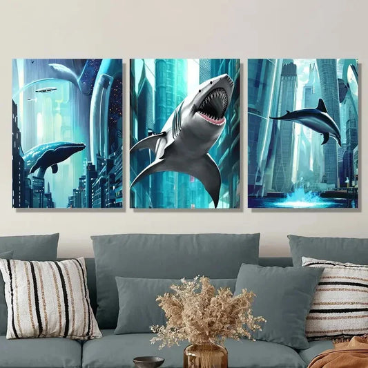 3pcs Cyberpunk Sea Creatures, Sharks in The City Metal Print Ready to Hang Art