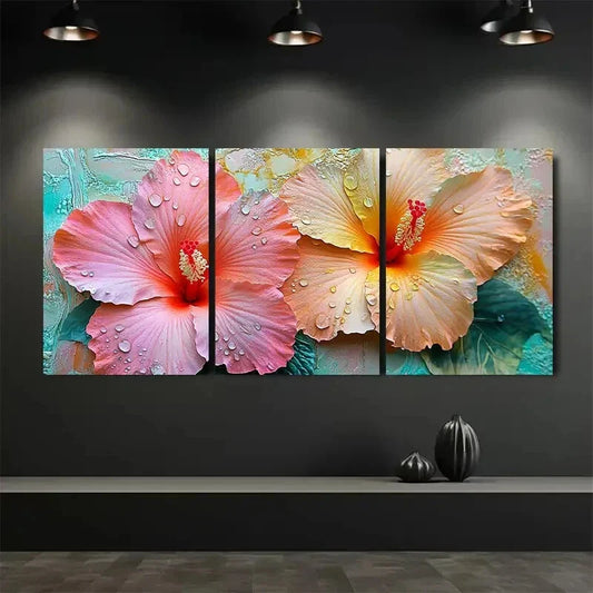 3pcs Dew Peach & Aqua Floral Modern Metal Print Ready to Hang Art