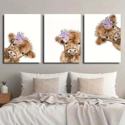 3pcs Peeping Highland Cattle Style Purple Floral Metal Print Ready to Hang Art