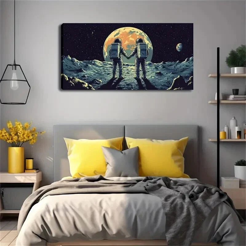 Two Astronauts Holding Hands Wall Art Canvas Office Home Room Framed 120x60cm