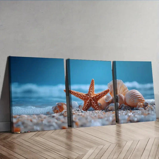 3pcs Sea shells and Starfish Perfect for Décor Wall Art Set Canvas Framed 40x60cm - High Quality Print 100% Australian Made Wall Canvas Ready to Hang